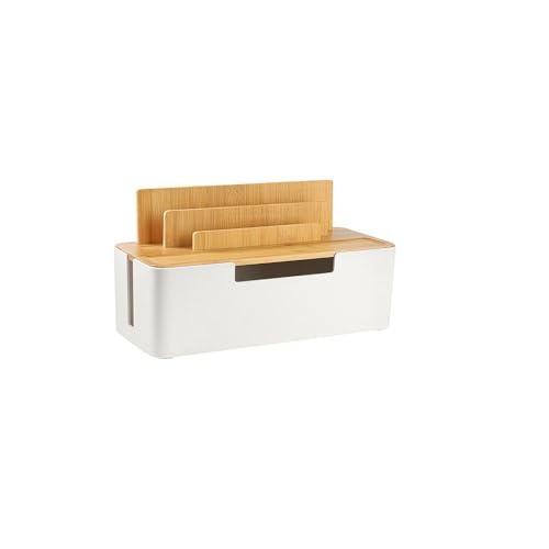 Cable Management Box with Wooden Lid, Multi-Device Organizer for Phones/Tablets/Smartwatches, Desktop Cord Organizer for Tidy Workspace (White) - color: White