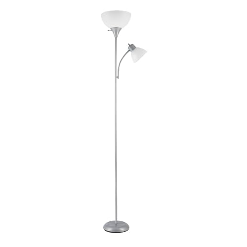 Globe Electric 67134 72" Torchiere Floor Lamp and Adjustable Reading Light, Silver, Frosted Shade, Dual Rotary Switch, 3-Step Dimming, Modern Lighting for Living Room or Office, Timeless - color: Silver, size: 1 Pack