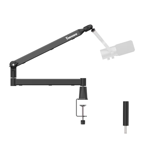 Mic Arm with 3.95" Extension Rod, Low Profile Mic Stand, Cable Management, 360° Rotatable Boom Arm with C-Clamp, 3/8" to 5/8" Metal Screw