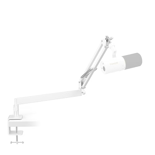 Tonor Mic Arm Desk Mount, Low Profile Boom Arm for Microphone, Adjustable Mic Stand with Desk Mount Clamp, 3/8’’ and 5/8’’ Screwadapter for Most Micr, 38 cm +35 cm(15''+14''), White, T20LP - color: White, style: Visible Spring