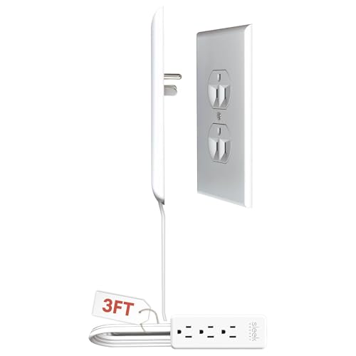 Sleek Socket Original & Patented Ultra-Thin Outlet Concealer with Cord Concealer Kit, Flat Extension Cord with Multi Outlets Power Strip, Ideal for Home Improvement, Hide Bulky and Messy Cords - size: 3 ft - Single Cord, style: Inverted Outlet