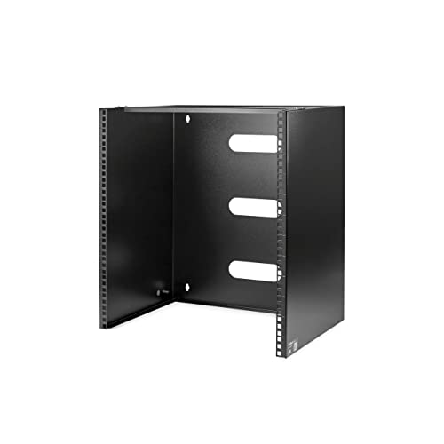 StarTech 12U Wall-Mount Patch Panel Rack, 13.75in, 125lb, TAA (WALLMNT12) | Low-profile shallow bracket, M6 screws and cage nuts, Ships assembled, Holes 16in apart, Solid steel - size: 12U