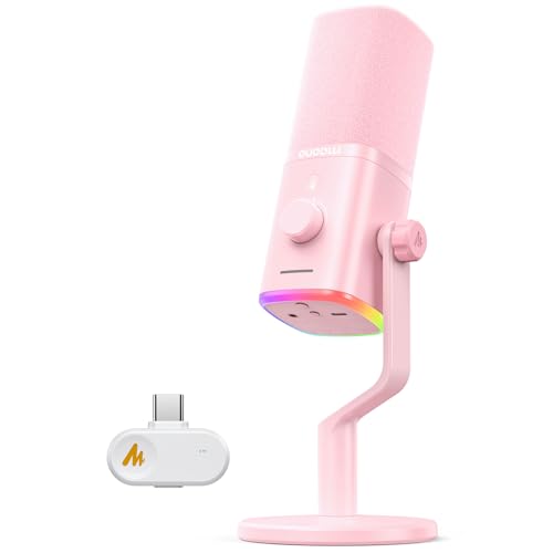 MAONO PD100W Wireless USB Dynamic Microphone, Gaming PC Mic with One-Click Noise Reduction,Mute Button,Custom RGB,3.5mm Headphone Jack,Software, Podcast Streaming Mic (Desktop(USB-C Receiver), Pink) - color: Pink