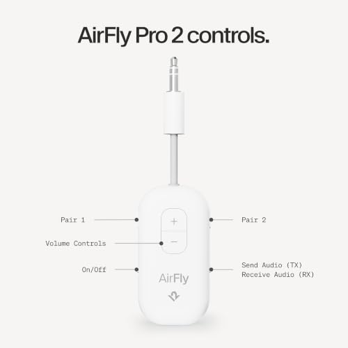 AirFly Pro 2 – Bluetooth Adapter, Pair 2 AirPods or Wireless Headphones – 3.5mm AUX Bluetooth Transmitter and Receiver for Cars, Boats, Treadmills, TVs & More – Travel Essentials,White - color: White, style: AirFly Pro 2