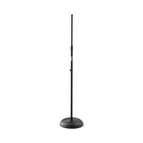 On-Stage MS7201B Round-Base Mic Stand (Supports Dynamic and Condenser Microphones, Height Adjustable 33"–60", Standard 5/8"-27 Threading, 7 lb, 10" Metal Base, Rubber Feet, Cable-Management Clip) - color: Black