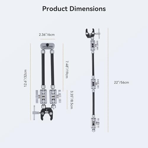 UTEBIT 22" Magic Arm w Clamp Mount, Desk Camera Mount Articulating Friction Boom w Arm 1/4" Thread Adapter, Overhead Desk Phone Mount for Video Light Webcam Microphone Action Camera Content Creators