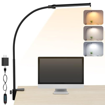 ShineTech LED Desk Lamp with Clamp, Eye-Caring Clip on Desk Light with 3 Color Modes & Stepless Dimming, 360° Flexible Gooseneck Desk Lamp for Home Office College Dorm with USB Adapter - color: 3CCT in One (3000K/4000K/6000K)