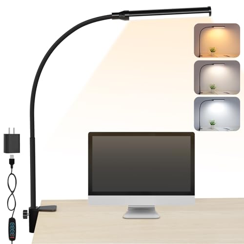 ShineTech LED Desk Lamp with Clamp, Eye-Caring Clip on Desk Light with 3 Color Modes & Stepless Dimming, 360° Flexible Gooseneck Desk Lamp for Home Office College Dorm with USB Adapter - color: 3CCT in One (3000K/4000K/6000K)