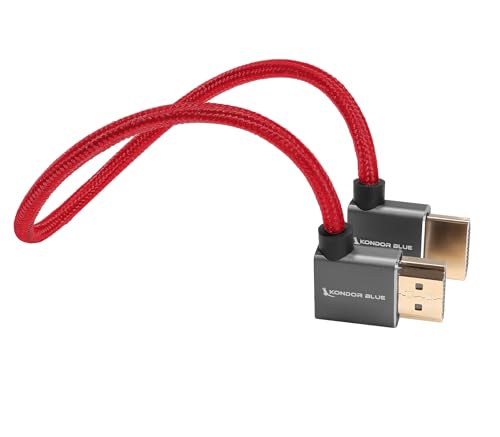 KONDOR BLUE | Full HDMI 2.0 Right Angle to Left Angle 12” Cable | Type A Male to Male, 4K 60Hz 18Gbps HDR 3D, Low Profile | for On-Camera Monitors & Recorders + More | Red - color: Red