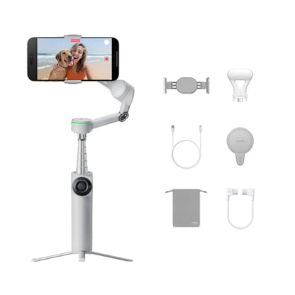 Insta360 Flow 2 Pro Creator Bundle Grey - Foldable AI Phone Gimbal, Apple DockKit, 360º Pan Tracking, Free Tilt Mode, Built-in Tripod/Selfie Stick, Portable Vlog/Travel Stabilizer, Spotlight, MagSafe - color: Stone Grey - Creator Bundle