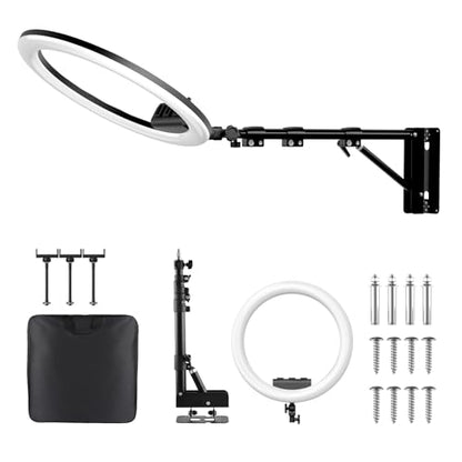 Ring Light Wall Mount with 3 Phone Holder, 19" Adjustable Ring Light with Rotatable Boom Arm, Space-Saving Overhead Lighting Solution for Studio Photography, Salon, Beauty Tattoo Light, Barber Light - size: 19inch