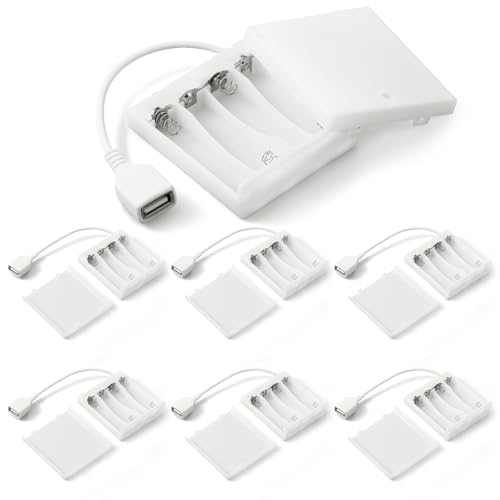 Copkim 6 Pcs USB Battery Pack for LED Lights, USB to Battery Pack for Plug in Lights, 5V Portable 4 AA Holder Box with Switch for Neon Signs Indoor Outdoor Party Decor (White) - color: White, style: 4 AA