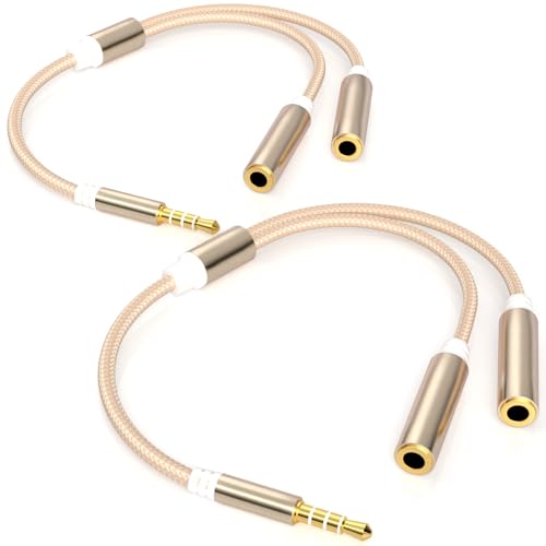 3.5mm TRRS Splitter for 2 Headphones 1FT 2-Pack, Audio & Mic, 3.5 mm Aux Jack Cable 1 in 2 out, Dual 1/8" Stereo Female Adapter, Double Headset Split Y Cord 2 Way for Phone/Tablet/Laptop/PC/MP3, Gold - color: Gold