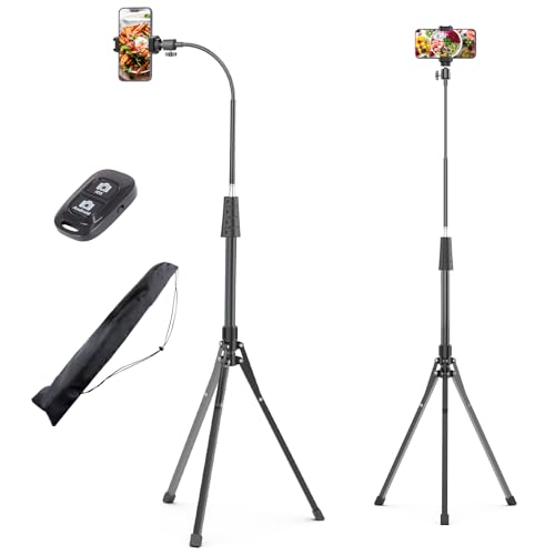 UBeesize 92’’ Cell Phone Tripod Stand with 16.5’’ Gooseneck and Remote, Overhead Tripod with Adjustable 360°Ball Head & Phone Holder for iPhone17 Pro Max/Pro/Plus/ /16/15/14/13, Android Cell Phone - color: Black, size: 92in