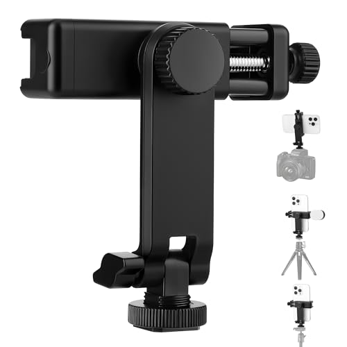 Universal Cell Phone Tripod Mount Adapter, Camera Hot Shoe Phone Holder Clamp with 360 Rotation Bracket 1/4" Screw Hole for Canon Nikon Sony DSLR iPhone Android - color: Black-cold shoe