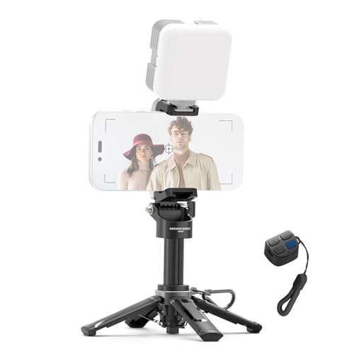 NEEWER Mini Tripod for Phone, Lightweight Foldable Small Selfie Stick Cell Phone Clamp Desk Stand with Remote & Cold Shoe Mounts Compatible with iPhone Android Samsung for Video Recording, PA986 Black - color: Black