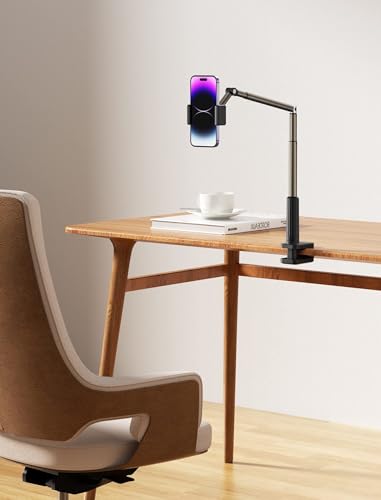 JSAUX Phone Holder for Desk and Bed Compatible with iPhone 17 16 15 14 13 12 Overhead Phone Mount Gooseneck Phone Stand Flexible 360 Lazy Long Arm Clamp Clip for Table Bedside [1-Pack, Black] - color: Black