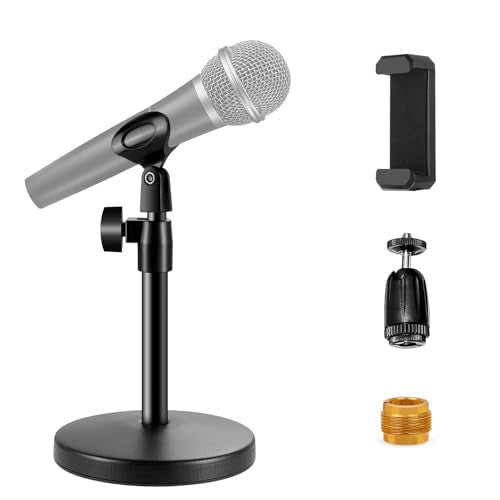 2 In 1 Desktop Microphone Stand, Upgraded Metal Round Base Adjustable Mic Stand with Micphone Clip, Cellphone Clip and 5/8" Male to 3/8" Female Screw for Table Desk Interviews, Black