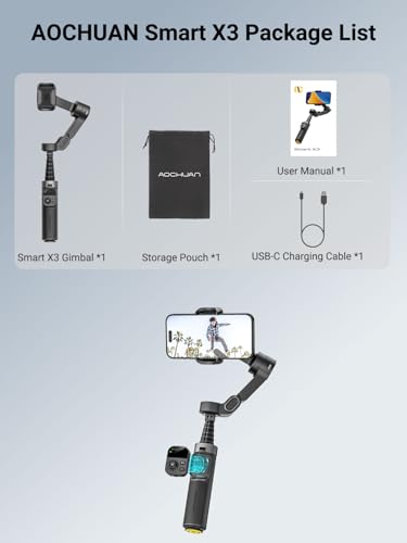 AOCHUAN Smart X3 360° Pan Rotation Gimbal Stabilizer for iPhone, Magnetic Remote Control, 3-Axis Stabilizer w/Built-in Extension Rod & One-Touch Open Tripod, Foldable Phone Gimbal for Vlogging, Travel - size: X3