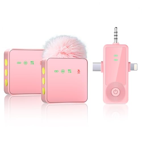 3-in-1 Wireless Microphone for iPhone/Android/Camera with Noise Cancellation, 2-Pack 20-Hour Battery Life Mini Lavalier Mics for Podcast, Video, Recording, Vlogging, and Streaming - color: Pink