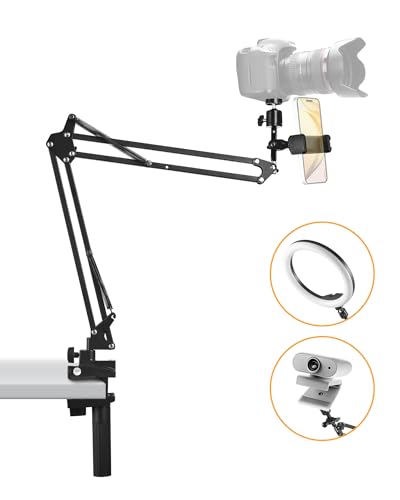 Phone Holder for Bed Desk, Flexible Camera Arm Desk Mount Clamp with Phone Holder and Ball Head, Overhead Tripod Mount for Camera Webcam Ring Light