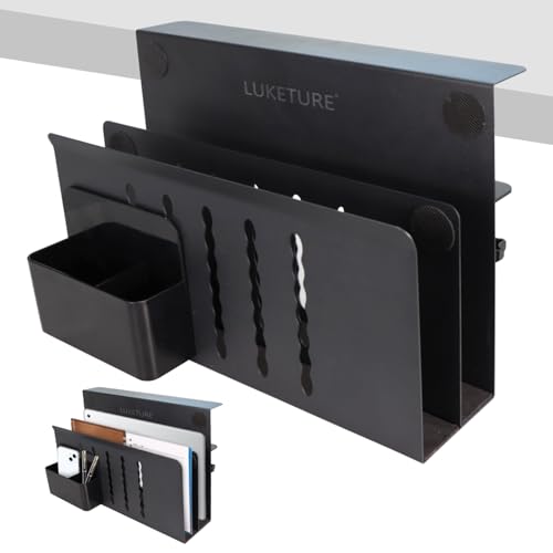 LUKETURE Desk Side Storage, 2 Tie Laptop Holder No Drill Clamp On Organizer | Steel Side Desk Organizer, Clamp on Laptop Mount with Pen Holder, Hanging Storage for Home Office, Fits 0.3" to 2.8" - color: Black, size: L(2 Tier)