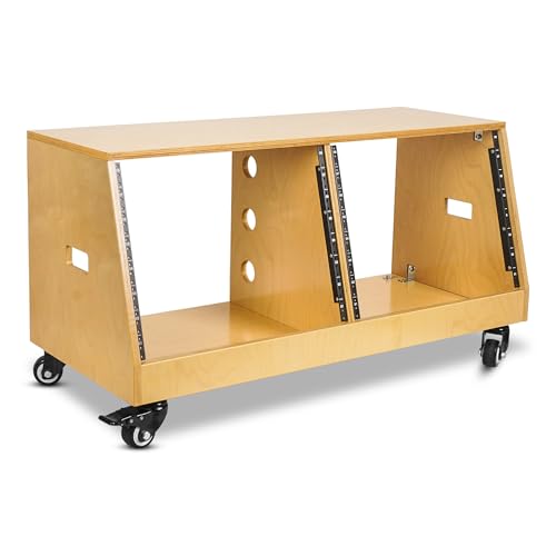 Sound Town DIY 2 x 8U Slanted Studio Rack with Solid Baltic Birch Plywood, Casters, Golden Oak for Recording Room, Home Studio (SDRK-D8T) - size: 2 x 8U, Golden Oak