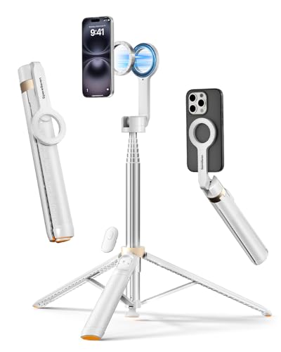 [1s-Open] Magnetic Phone Tripod for iPhone MagSafe – 70'' Selfie Stick Tripod Stand with Remote, Portable Cellphone Stand for Recording Travel, Compatible with iPhone and Android (White) - color: White