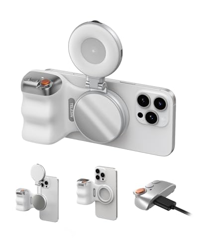 TELESIN Fun Shot Magnetic Phone Camera Grip + C03 Magnetic Selfie Light (Silver) Bundle Kit Compatible with iPhone Magsafe & Android, Creator Kit for Selfies/Photography/TikTok/Zoom Calls/Video - color: White + Silver