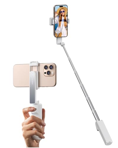 yAyusi New Ultra Mini Selfie Stick for iPhone, Extendable Aluminum Portable Selfie Stick with Remote, Compact Phone Selfie Sticks Compatible with 4-7" Phones for Vlog/Video Record/Live Stream (White)