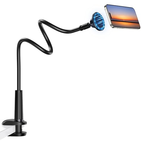 Magnetic Gooseneck Phone Holder Mount for iPhone 17/16/15/14/13/12 - Magnetic Stand Tabletop Clamp 360°Rotation Adjustable for Office/Home Compatible with iPhone 17 16 15 14 13 12 Mini Plus Pro Max - style: Mount + Black