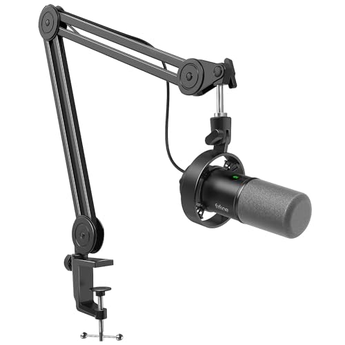 FIFINE Dynamic Podcast Microphone Set with Boom Arm Stand, Studio XLR/USB Microphone for Recording Vocal Streaming, Metal Mic with Mute Tap, Headphone Jack, Heavy Duty Boom Arm-K688T - size: K688T Black