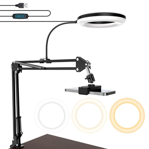 Overhead Camera Mount with Ring Light, 6‘’ Overhead Phone Mount Compatible with iPhone Camera Webcam, Articulating Arm Phone Mount for YouTube Live Stream Cooking Nail Video Recording - color: 6"Light