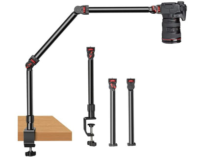 REFLEX CAMERA 37" Overhead 3-Section Flex Cantilever Articulating Boom Arm with Desk/Tube C Clamp and Universal Phone Mount 1/4" 3/8" & 5/8" Screw Mount for DSLR Camera, Microphone, Light & Webcam
