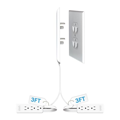 Sleek Socket Original & Patented Ultra-Thin Outlet Concealer with Cord Concealer Kit, Flat Extension Cord with Multi Outlets Power Strip, Ideal for Home Improvement, Hide Bulky and Messy Cords - size: 3 ft - Dual Cords, style: Inverted Outlet
