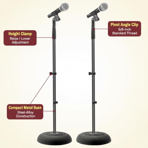 Pyle Universal Microphone Stand - Handheld Mic Compatible, Heavy Compact Base, Lightweight & Compact Design, 2.8 to 5 Ft Height Adjustable Clamp, Pivot Angle Clip, Home/Studio Use (Pair) - style: 2 Pack