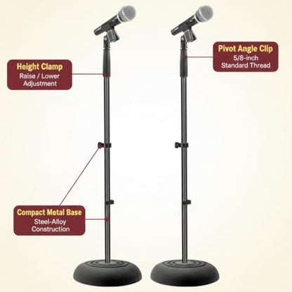 Pyle Universal Microphone Stand - Handheld Mic Compatible, Heavy Compact Base, Lightweight & Compact Design, 2.8 to 5 Ft Height Adjustable Clamp, Pivot Angle Clip, Home/Studio Use (Pair) - style: 2 Pack