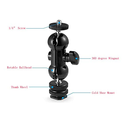 Cool Ballhead Multi-Function Double Ball Head with Cold Shoe Mount and 1/4" Screw for DSLR Cameras/Camcorders/Camera Cage/Monitor and LED Light