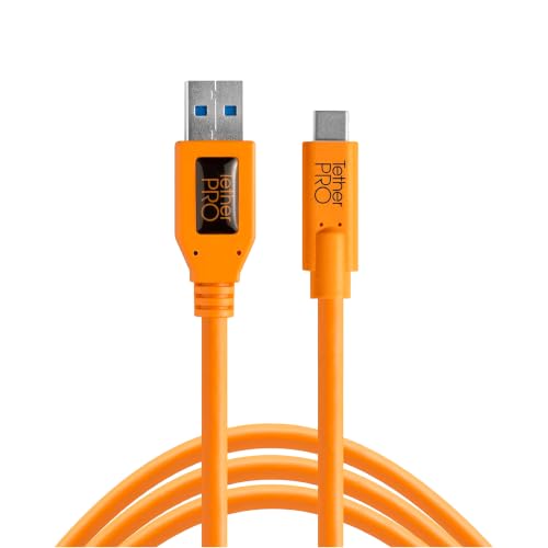 Tether Tools TetherPro USB 3.0 to USB-C Cable | for Fast Transfer and Connection Between Camera and Computer | High Visibility Orange | 15 Feet (4.6 m) | USB 3.0 Data Cable, High-Visibility Orange, Data-Only, 1-Year Warranty - color: Orange