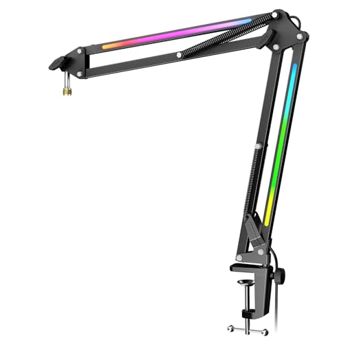FIFINE Microphone Boom Arm, Metal Adjustable Mic Arm Stand with RGB Control, 3/8” to 5/8” Screw Adapter, Desk Mount Clamp, Suspension Scissor Mic Stand for Gaming Streaming Podcast-AmpliGame BM38 - color: Black