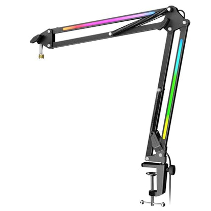 FIFINE Microphone Boom Arm, Metal Adjustable Mic Arm Stand with RGB Control, 3/8” to 5/8” Screw Adapter, Desk Mount Clamp, Suspension Scissor Mic Stand for Gaming Streaming Podcast-AmpliGame BM38 - color: Black
