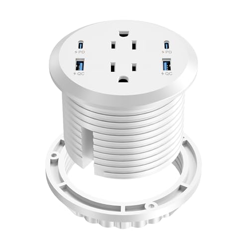 Desktop Power Grommet,GaN 65W USB C Fast Charging Station,2 AC Outlets,4 USB Ports in to the Top,Flush Mount Power Grommet 3'' Hole,Countertop Recessed Outlet White - color: White, size: 1 Pack