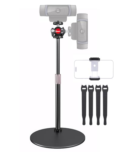 Webcam Stand for Desk, with 360 Ballhead, Heavy Base Height Adjustable Tripod for Logitech Webcam C922 C930e C920 C615 C960 C920x BRIO 4K NexiGo N60, Phone Mount, Gopro with 1/4" Thread - size: 9.2–15.5"H (7.09" dia base)