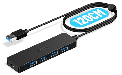 Aceele USB Hub 3.0 Splitter with 4ft Extension Long Cable Cord, 4-Port Ultra-Slim Multiport Expander with Type-C Power Port, USB Extender for Desktop, Computer, PC, Laptop, iMac, PS4 and More - style: 3.6ft (4A)