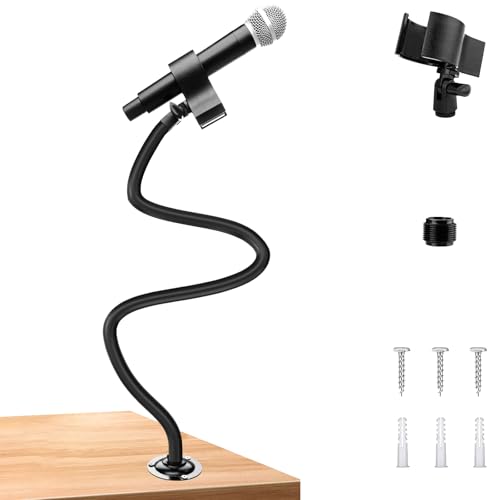 Microphone Holder - 23.6 inch Long Arm Gooseneck Desktop Mic Stand,Mic Arm Wall Mount,Metal Base Mic Clip 3/8" to 5/8" Adapter for Walls/Desk/Podium,Compatible with Shure/Fifine/AT2020/Pyle/Razer