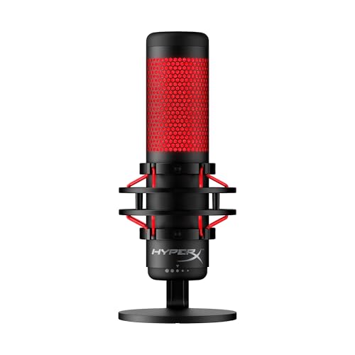 HyperX QuadCast - USB Condenser Gaming Microphone, for PC, PS4, PS5 and Mac, Anti-Vibration Shock Mount, Four Polar Patterns, Pop Filter, Gain Control, Podcasts, Twitch, YouTube, Discord, Red LED - style: QuadCast