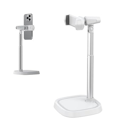 Height Adjustable Phone Stand for Desk, Retractable Desktop Phone Holder, 180° Flip & 360° Rotation Design，Compatible with iPhone/Android Devices,Ideal for Live Streaming and Video Recording (White)