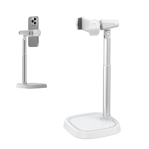 Height Adjustable Phone Stand for Desk, Retractable Desktop Phone Holder, 180° Flip & 360° Rotation Design，Compatible with iPhone/Android Devices,Ideal for Live Streaming and Video Recording (White)