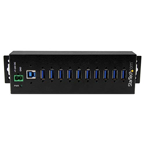 StarTech 10-Port Industrial USB 3.0 Hub 5Gbps, 65W PA, TAA (HB30A10AME) | Steel housing, ESD and surge protection, DIN/wall/desk mount, 65W power adapter included