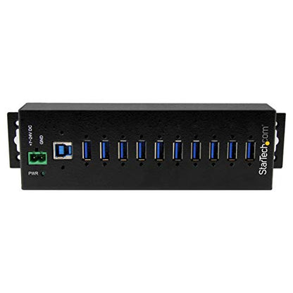 StarTech 10-Port Industrial USB 3.0 Hub 5Gbps, 65W PA, TAA (HB30A10AME) | Steel housing, ESD and surge protection, DIN/wall/desk mount, 65W power adapter included